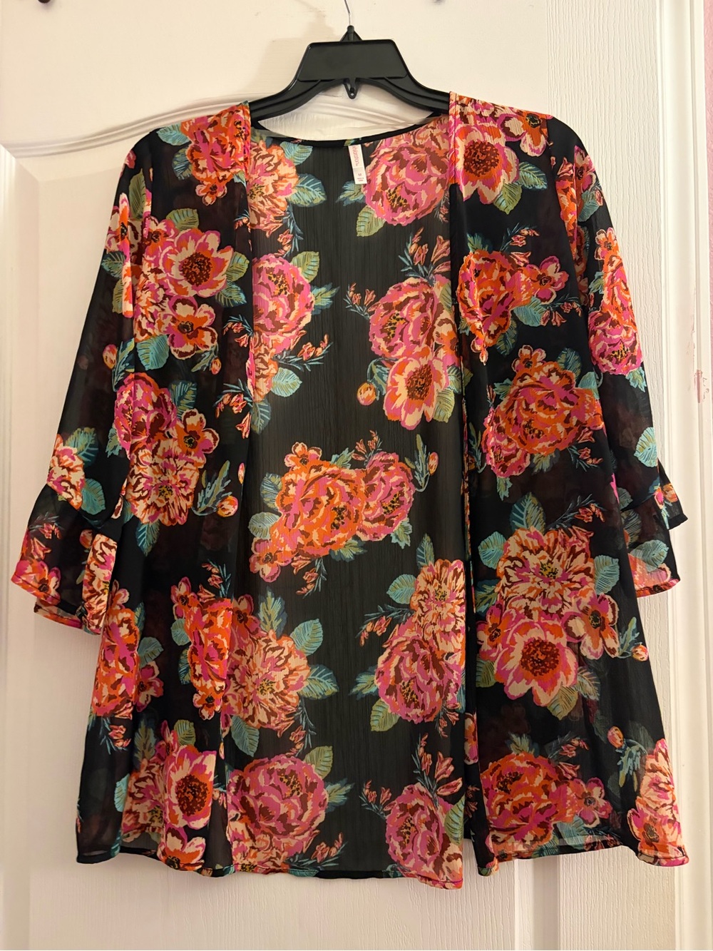 Xhilaration Black Floral Open-Front Kimono with Pink & Orange Blooms